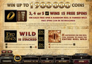 Lord of the Rings Pokie Paytable